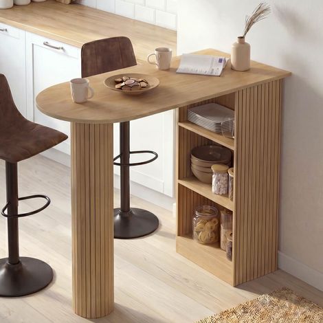 Mesa de bar JULIETTE para 2 a 4 personas con efecto de listones de madera (1/5)