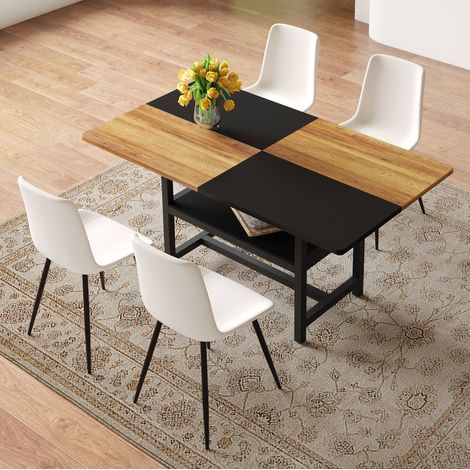 Esstisch Set mit 4 Stühlen, integrierter Ablage, MDF und Metall, PU Leder, Braun Weiß Schwarz (1/5)