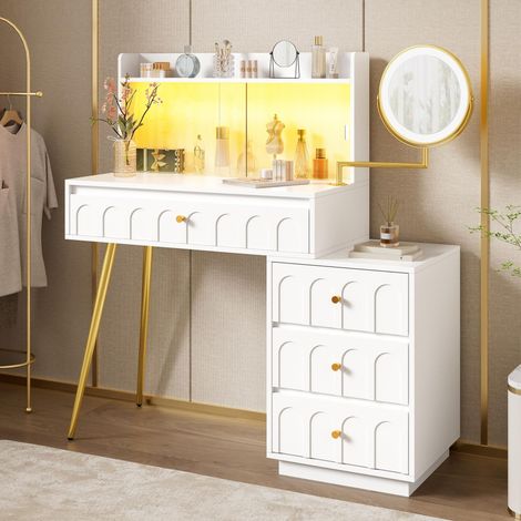 Toeletta con specchio LED girevole, ante scorrevoli in vetro illuminate, 4 cassetti, 112 x 34,5 x 116 cm - Bianco