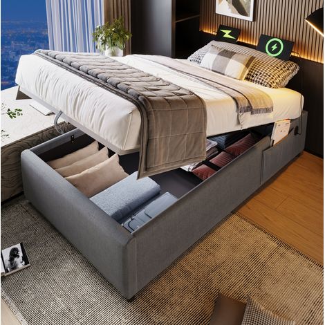 Cama con almacenaje 29/192/91 cm gris de lino y algodón con USB-C y somier elevable (1/5)