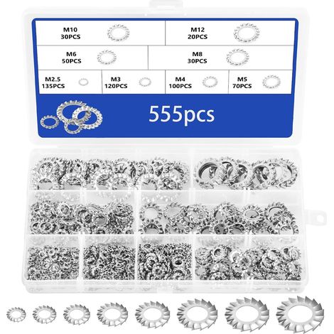 Lot de 555 Rondelles de Sécurité Acier Inoxydable, Rondelles Dentées Externes M2.5-M12, Rondelles Metal Kit pour Bricolage Industrie Automobile (Boîte Organisée) (1/5)
