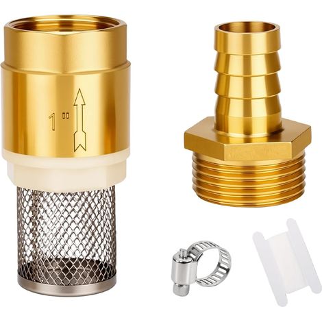 Clapet anti-retour en laiton 1", filtre d'aspiration, valve à pied en laiton avec clapet anti-retour, panier d'aspiration, raccord de tuyau et collier de serrage (DN25 1" IG) (1/5)