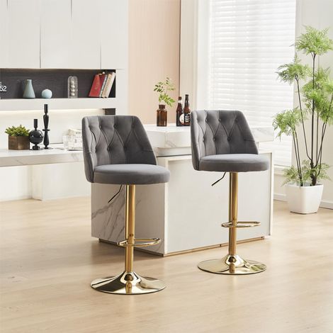 Moderner Barhocker, kann Samt Barhocker mit verstellbarer Höhe drehen, getufter Hocker mit Rückenlehne und Fußstütze, geeignet für Hausbars, Küchen und Bararbeitsplatten (Grey, Set of 2)