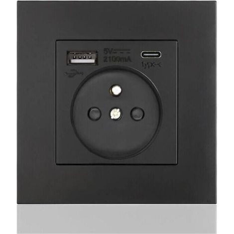 Panneau de prises françaises Type-c+USB16A Type 86, nombre de prises : 2 trous, nombre de ports USB : 1, nombre de ports type-c : 1, sûr et ferme(carré noir) (1/4)