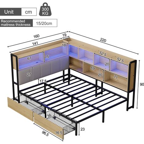 Lit rembourré 140x200 cm avec éclairage LED et recharge USB/Type-C. Servant de canapé-lit avec 2 tiroirs et base à lattes métalliques naturel. (1/5)