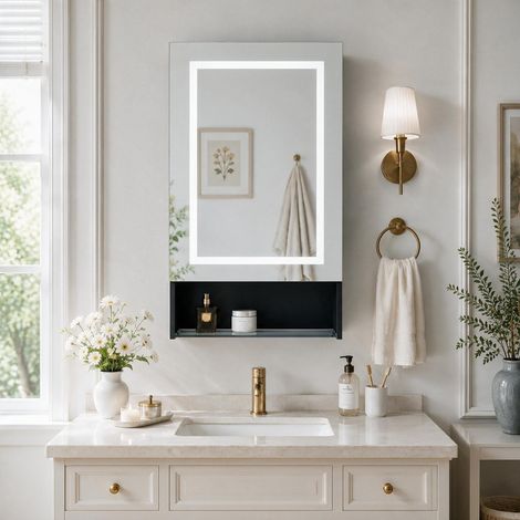 Armoire de toilette miroir LED 88×50 cm 1 porte, anti‑buée, éclairage tactile 3 niveaux, niche ouverte, étagères réglables, armoire murale salle de bain noire moderne (1/5)