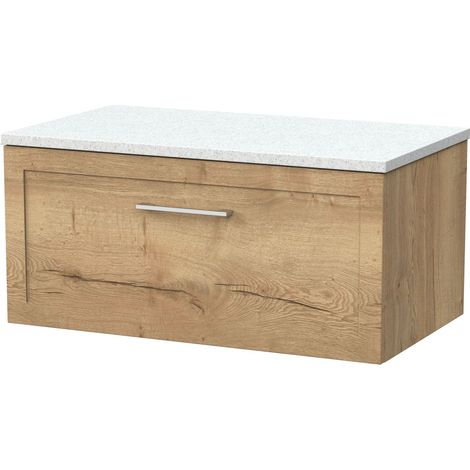 Stonnall Traditional Wall Hung 1 Drawer Vanity Unit with White Nebula Laminate Worktop, 800mm, Autumn Oak
