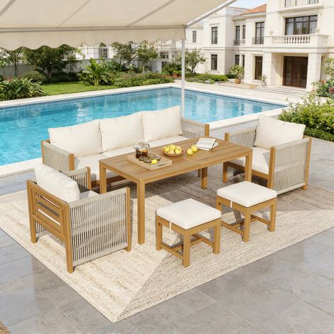 Seyakany Ensemble de salon de jardin pour 6 personnes,chaises longues de extérieur,canapé 3 places,2 fauteuils2 tabourets,1 table à manger(beige) (1/5)