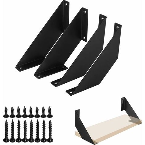 Support Etagere Metal Noir 10cm 4 pièces, Equerre Etagere Murale Équerres Étagère Robuste, Support d'étagère à 90 degrés Support Mural (1/5)