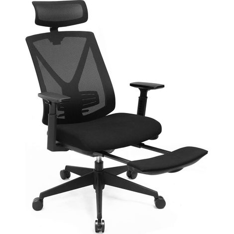Chaise de bureau avec repose pied fauteuil de bureau ergonomique en filet mécanisme basculant (90-135°) charge max. 150 kg noir (1/5)