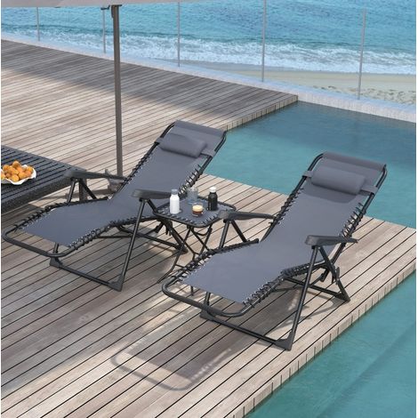 Tumbona de exterior Zero Gravity de metal gris plegable con reposacabezas, set con mesa auxiliar (1/3)
