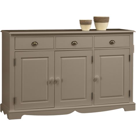 Beaux Meubles Pas Chers – Buffet taupe style anglais 3 portes 3 tiroirs – Socle en pin massif – Structure MDF teinté taupe – Dimensions L 146.6 H 89.6 P 42.5 cm (1/5)