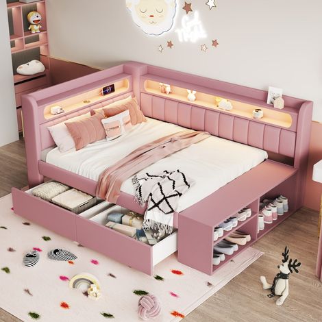 Lit 90x200 cm - Lit Banquette Rembourré 90x200 cm - avec Meuble Chaussures, LED 7 Couleurs, USB, 2 Tiroirs - Tissu / Lin - Rose (1/5)