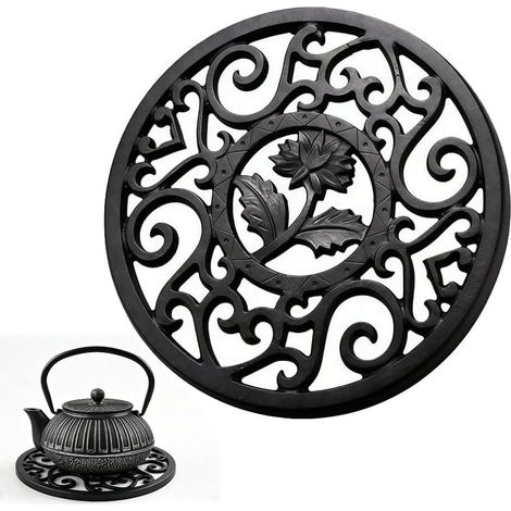 Runder Untersetzer aus Gusseisen – 1 Stück – Retro-Design – Hitzebeständig – Für Teekannen und Töpfe – 11,5 cm, Schwarz (1/5)