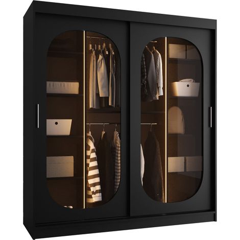 Armario Hartford 520, Negro, 200x180x62cm, Puertas de armario: Correderas, Número de estantes: 5, LED