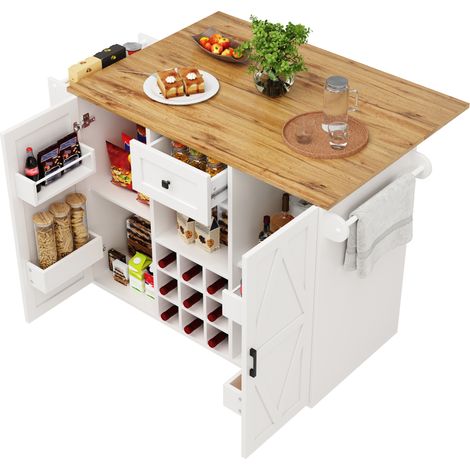 Îlot de cuisine multifonction avec plateau relevable, rangement intégré, roulettes verrouillables et table d’appoint gain de place pour petit espace - CHICFURN (1/5)