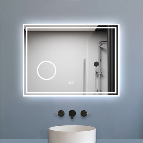 Aica Miroir salle de bain Bluetooth 100x60cm tricolore avec loupe 3x, dimmable, mémoire et anti-buée, IP44 Miroir LED
