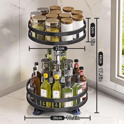 Ortviai – Organiseur d'angle de cuisine rotatif 360°, 2 niveaux – rangement à épices et condiments, 34 × 28 × 5 cm – compatible placards d'angle et plans de travail (1/5)