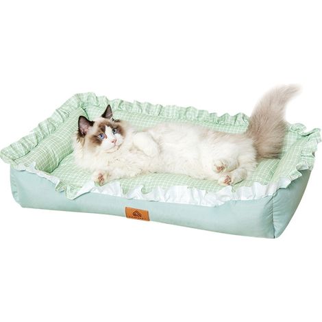 Lit carré pour chat et petit chien vert L 70×50×12cm, design volants frais été, fixation antidérapante (1/5)