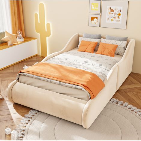 Kinderbett 90x200 cm Beige Samt mit hohem Kopfteil, Seitenschutz und integrierter Matratzenauflage (1/5)