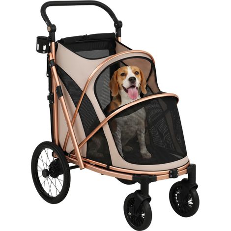 Hundewagen Faltbar Hundebuggy für Hunde bis 20 kg mit 360°Drehrädern Netzfenster Kissen Verstellbarer Griff Hellbraun (1/5)