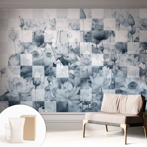 Papier peint intissé mural avec colle pour salon et chambre Décoration murale rapide - Colle incluse gratuite Fleurs de lotus 312x219 cm (1/5)