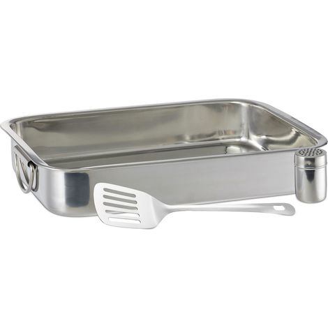 Relaxdays Rostiera, Set da 3 Accessori da Cucina, Teglia, Spatola e Spargi Formaggio, H x L x P: 7 x 38 x 27 cm, argento (1/5)