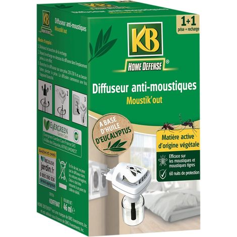 Diffuseur Prise Anti-Moustiques Sans Insecticide + Recharge 46 ml - A base d'huile d'eucalyptus, matière active végétale - Protège pendant 60 nuits - 1 diffuseur = 20 m² (1/5)