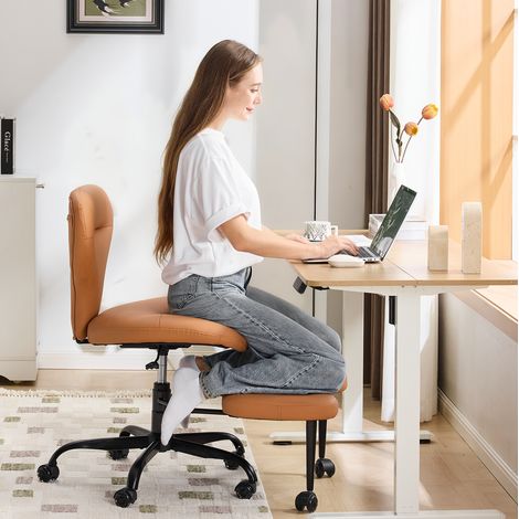 Sedia da Ufficio per Meditazione, Rotazione a 360 Gradi, Altezza Regolabile, Poggiapiedi Estraibile, Pelle Sintetica Arancione (1/5)
