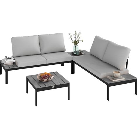 Grey Four-Piece Garden Corner Sofa Set with Two Loveseats and Two Coffee Tables for Outdoor Relaxation