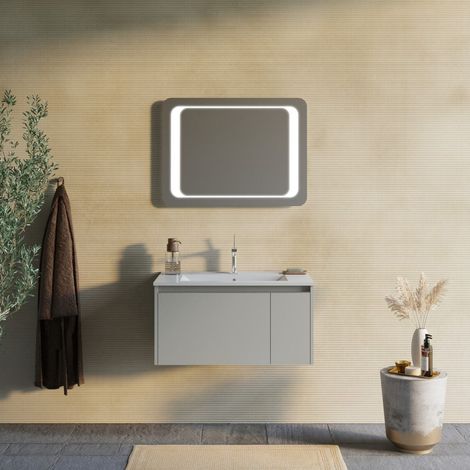 Mobile Bagno Sospeso 80Cm Sabbia Opaco Con Specchio 80X60 Led  Monaco
