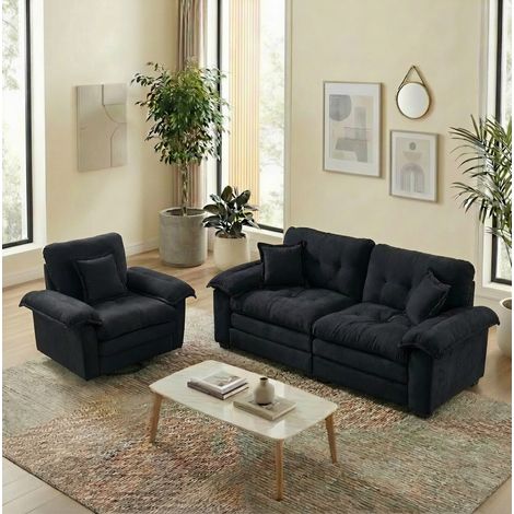 Set de sofás 1 plaza + 2 plazas negro tapizado en chenilla con asientos profundos y cojines (1/5)