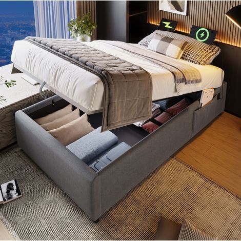 Polsterbett 90/200 cm grau aus Baumwoll-Leinen mit USB-C und Stauraum (1/5)