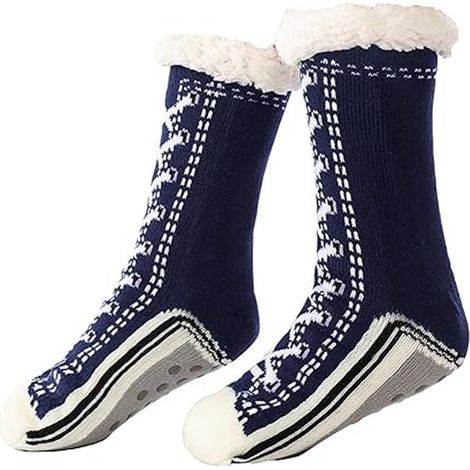 Chaussettes-chaussons d'hiver antidérapantes pour femmes, ultra douces, chaudes et confortables, doublées en polaire avec picots antidérapants pour se détendre à l'intérieur (bleu foncé) (1/5)