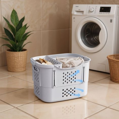 Grey Medium Household Bathroom Foldable Portable Laundry Basket (1/5)