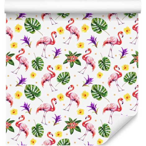 Papier peint Flamants roses blancs, corail et verts pour salon et chambre 50x1000 cm (1/5)