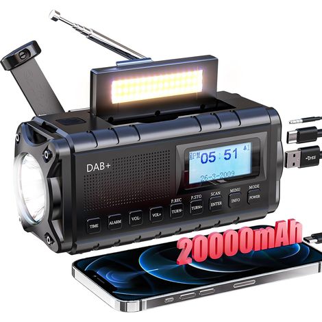 Dab+/FM Radio Solaire d’Urgence, Radio à Manivelle avec 20000mAh Power Bank, Radio Solaire Dynamo avec Lampe Torche Lampe de Lecture Alarme SOS USB pour Randonnée Camping Extérieur, Noir (1/5)