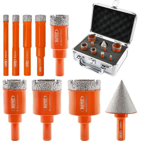Foret Diamant Kit Trépan Carrelage - 9pcs(6/8/10/12/20/25/32/35mm+35mm Mèche chanfreiner)Couronne diamantée brasée sous vide avec tige arrondie pour céramique porcelaine carrelage marbre granit (1/5)
