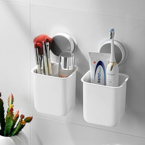 Soporte de pared para cepillos de dientes (2 unidades), organizador de cepillos y pasta de dientes, soporte adhesivo para cepillos de dientes con ventosa para cocina y baño, color blanco. (1/4)