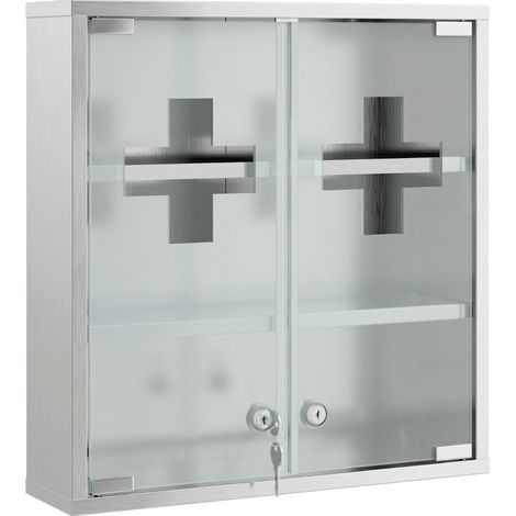 Armadio portamedicinali in acciaio inox con 2 chiavi, porta in vetro, 46 x 12 x 48 cm, argento (1/5)