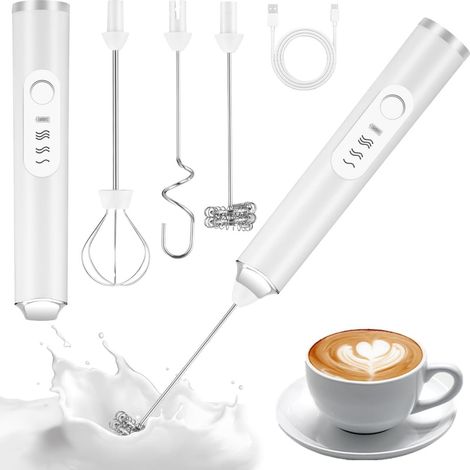 Batteur électrique - 1, Mousseur à lait rechargeable blanc chargement USB-C 3 fouets - Cuisine (1/5)