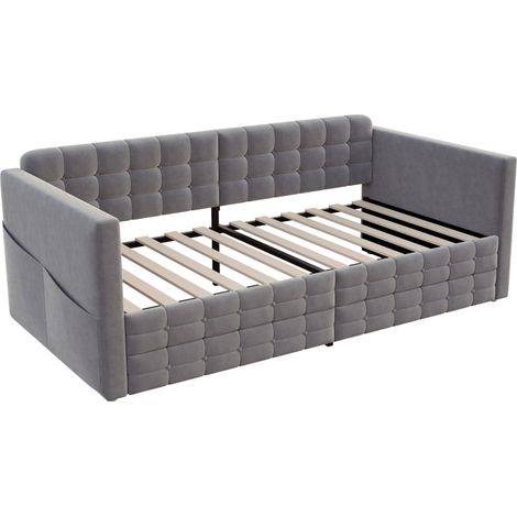 Cama alta tapizada 90 x 190 cm gris en terciopelo con bolsillos laterales y 2 cajones (1/5)