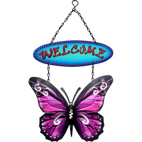 Letrero decorativo de pared con mariposa de bienvenida, hecho de hierro multicolor, 22 x 28 cm – Accesorio decorativo festivo para el hogar y regalo (1/5)