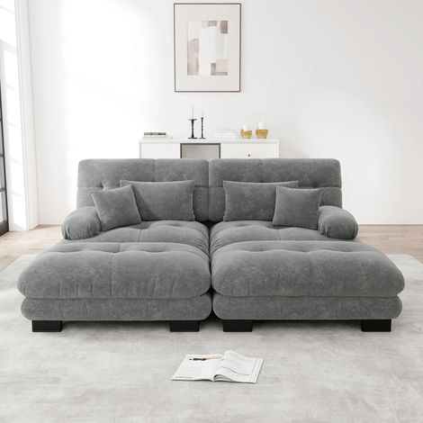Cloud Ecksofa für Wohnzimmer, Chenille Doppelsofa mit 2 Lendenkissen und 2 Dekokissen, Polstersofa mit breiten Armlehnen und 2 Ottomans, Chenille Grau