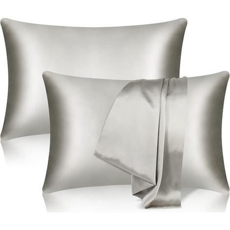 Lot de 2 taies d'oreiller en soie de mûrier 100% pure pour les cheveux et la peau, double face, douces et lisses avec fermeture éclair invisible (Standard, 51 x 76 cm, Gris) (1/5)