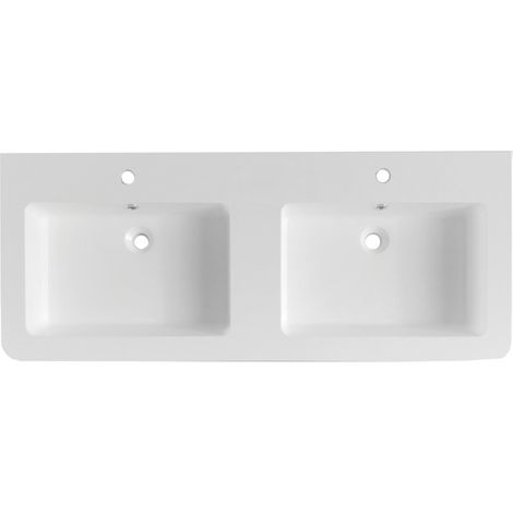 Pavia 120x49x5 cm lavabo doppio in marmo colato, 2 fori per la rubinetteria, con troppopieno, bianco (PA12049)