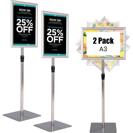 COSTWAY Porte Affiche sur Pied A3 Lot de 2, Présentoir sur Pied Rotation 360 Degrés, Hauteur Réglable 78,5-123 cm, Cadre en Alliage d'Alu, Tube en Acier INOX, Support Affichage A3 (Argent x 2, A3) (1/5)