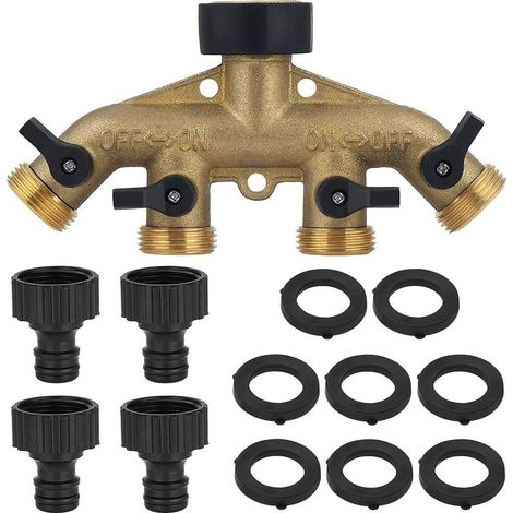 AGE Séparateur de tuyau extérieur robuste Adaptateur de robinet de jardin Collecteur de tuyau d'eau Vanne d'arrêt / marche individuelle, robinet de séparateur de tuyau en laiton massif à 4 voies (1/5)