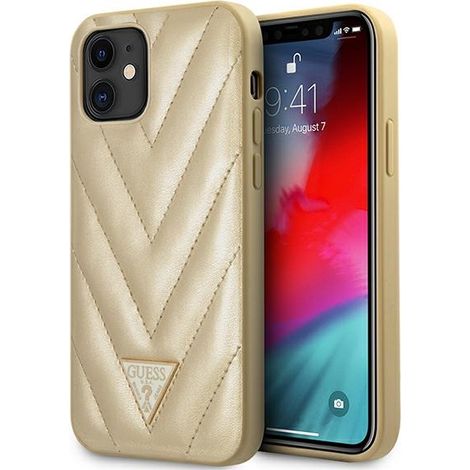 Funda rígida Guess GUHCP12SPUVQTMLBE para iPhone 12 mini de 5,4 pulgadas, color oro/oro, colección V-Quilted (1/5)
