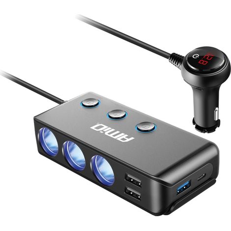 Adaptador para encendedor de cigarrillos, conector en T, voltímetro, cargador USB, USB-C, 12V/24V, amio-03781 (1/3)
